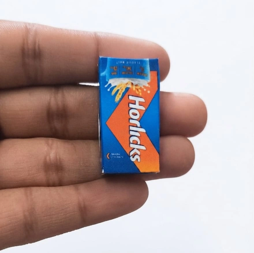 Horlicks-Miniature-Malt-Drink-Box A detailed Horlicks miniature malt drink box, perfect as a dollhouse kitchen product or diorama prop.