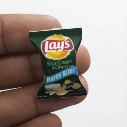 Highly detailed miniature replica product of a Lays Sour Cream and Onion chips packet for dollhouse scenes.