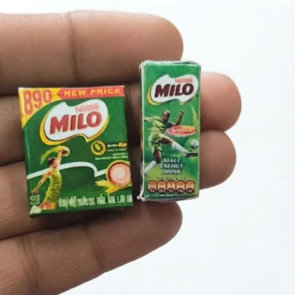 A detailed miniature Milo malt drink box, a delightful collectible product for dollhouses and dioramas.