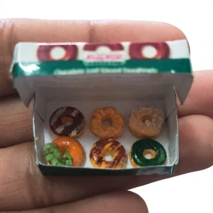 Miniature assorted donut box set product with 6 tiny, realistic donuts, ideal for collectors.