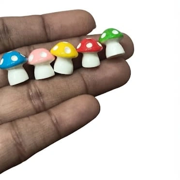 Vibrant miniature colorful mushroom figurine set of 5, ideal for dollhouse or diorama product display.