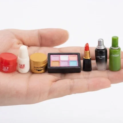 Highly detailed miniature cosmetics and makeup set for dollhouse scenes and diorama displays. A realistic product.