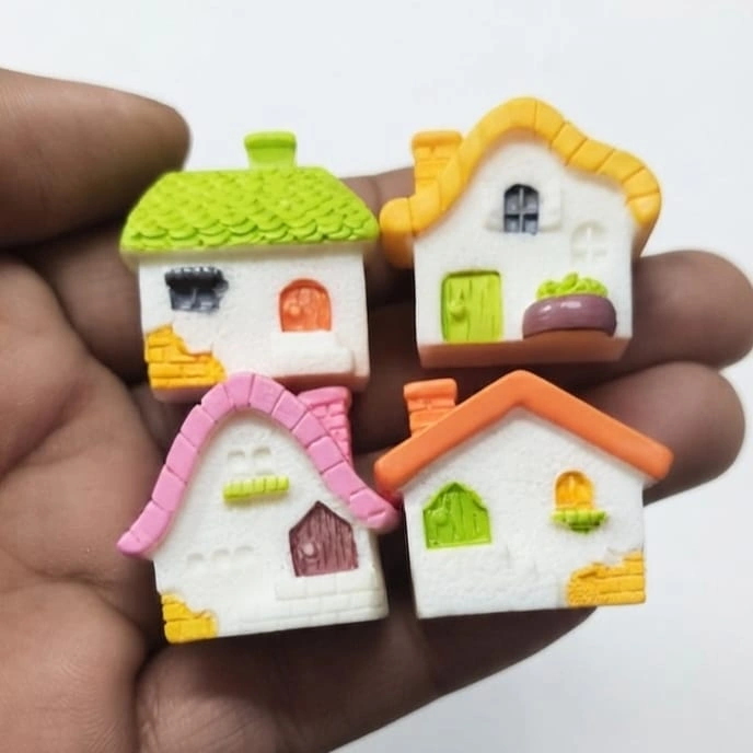 Miniature-Cottage-House-Set-of-4-Assorted-Colors Detailed miniature cottage house model, perfect as a collectible product or for dollhouse display.