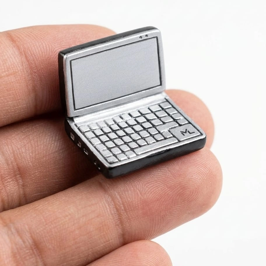 Miniature-Laptop-Computer-Figurine Miniature laptop computer figurine, a tiny scale product for dollhouse office scenes or miniature dioramas.