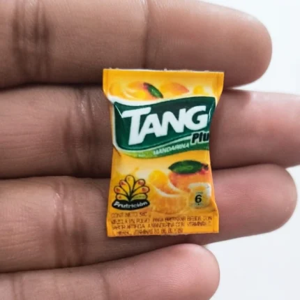 Realistic miniature Tang Mandarina drink powder sachet product, ideal for dollhouse grocery scenes and dioramas.