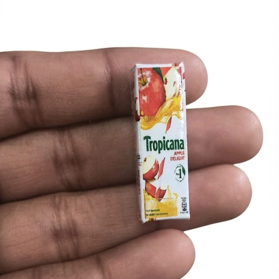 Tropicana-Apple-Delight-Miniature-Juice-Box Highly detailed miniature Tropicana Apple Delight juice box product for dollhouse scenes or tiny food.