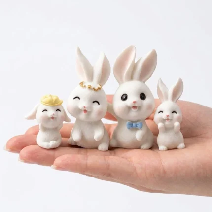 White miniature rabbit family figurine set of four. A delightful product for any miniature display.