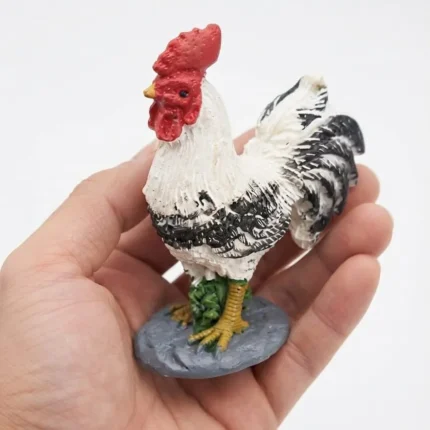 Detailed white and black miniature rooster figurine product, perfect for miniature scenes and home decor.