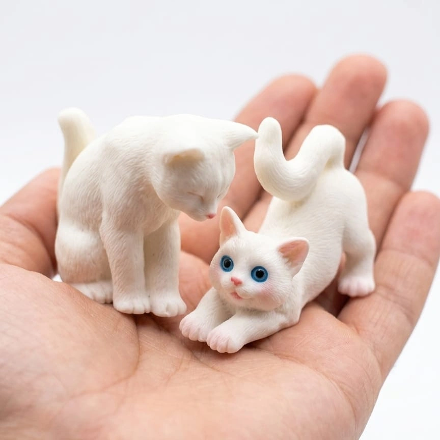 Miniature-Cat-Figurine-Set-of-2 This product is a charming set of two miniature cat figurines, one white and one orange, posed playfully.