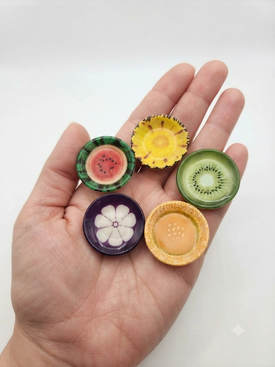 Miniature-Fruit-Design-Bowl-Set-of-5 A charming miniature fruit bowl with a random design, perfect for enhancing any dollhouse or diorama product scene.