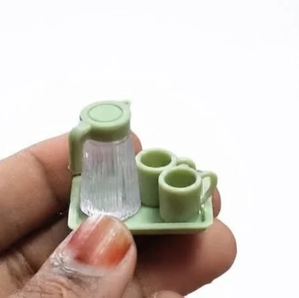 Miniature green jug set product for dollhouse kitchens and miniature scenes, adding a delightful touch of color.