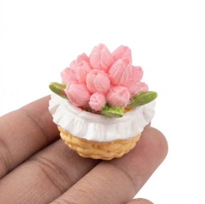 Detailed miniature pink peony cupcake product, ideal for dollhouse displays or as a unique collectible.