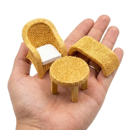 Charming miniature wicker furniture set of 3: sofa, two chairs, for dollhouse living room product.