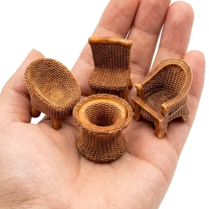 This product image shows a charming miniature wicker furniture set of 4 pieces, ideal for dollhouse decor.