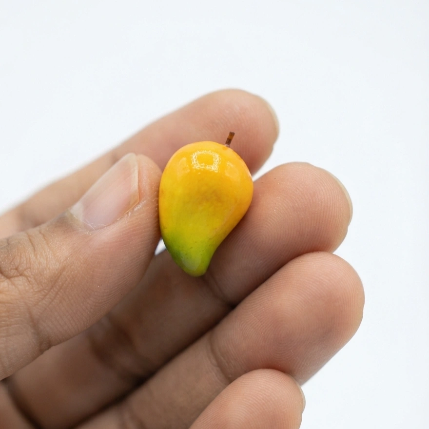 Miniature-Yellow-Mango-Figurine A detailed miniature yellow mango figurine product, perfect for dollhouse kitchens or fruit stand displays.