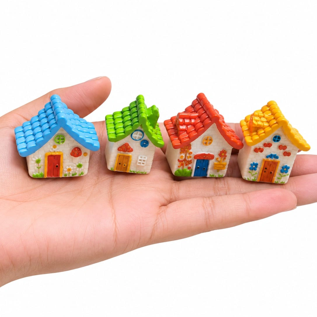 Miniature-Colorful-Roof-Cottage-Set-of-4 A charming miniature colorful roof cottage product, perfect for enhancing any miniature scene or display.