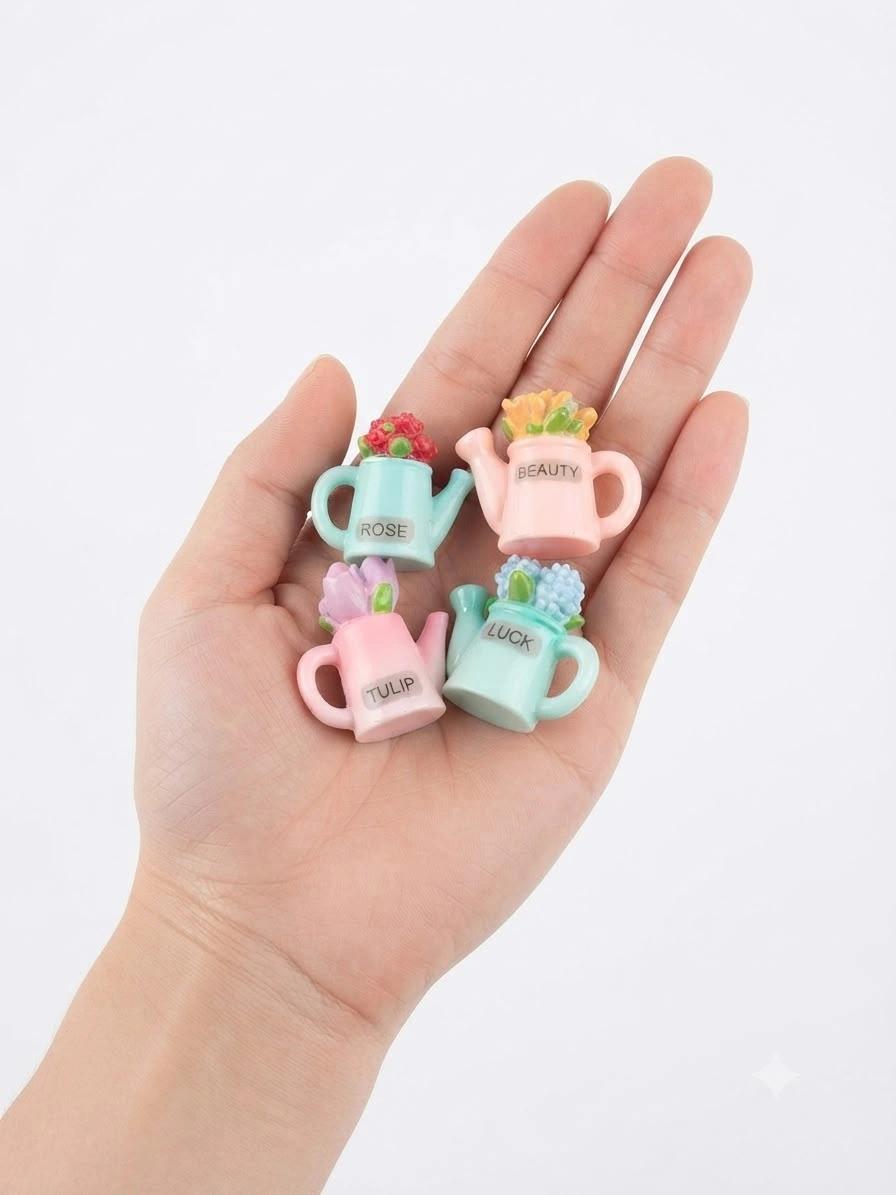 Miniature-Flower-Watering-Can-Set-of-4 Charming miniature flower watering can, randomly selected, ideal for dollhouse or miniature garden product display.