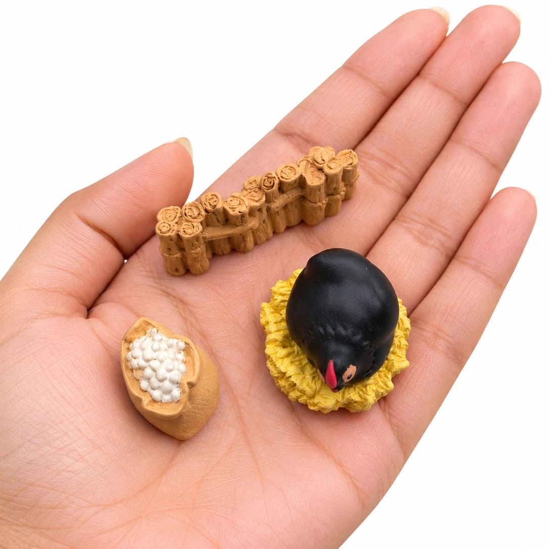Miniature-Hen-Fence-Feed-Sack-Set-of-3 A charming miniature hen, fence, and feed sack set of 3, perfect for enhancing any dollhouse or diorama product.
