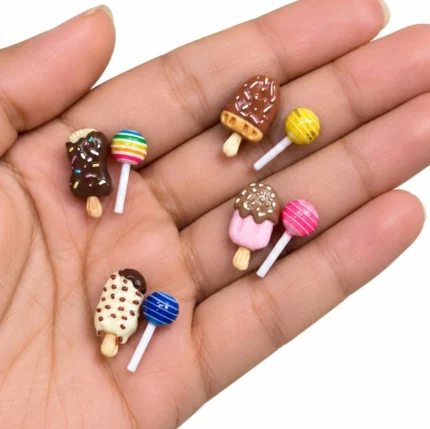 Miniature ice cream and lollipop pop set, a charming product for dollhouse scenes or tiny food displays.