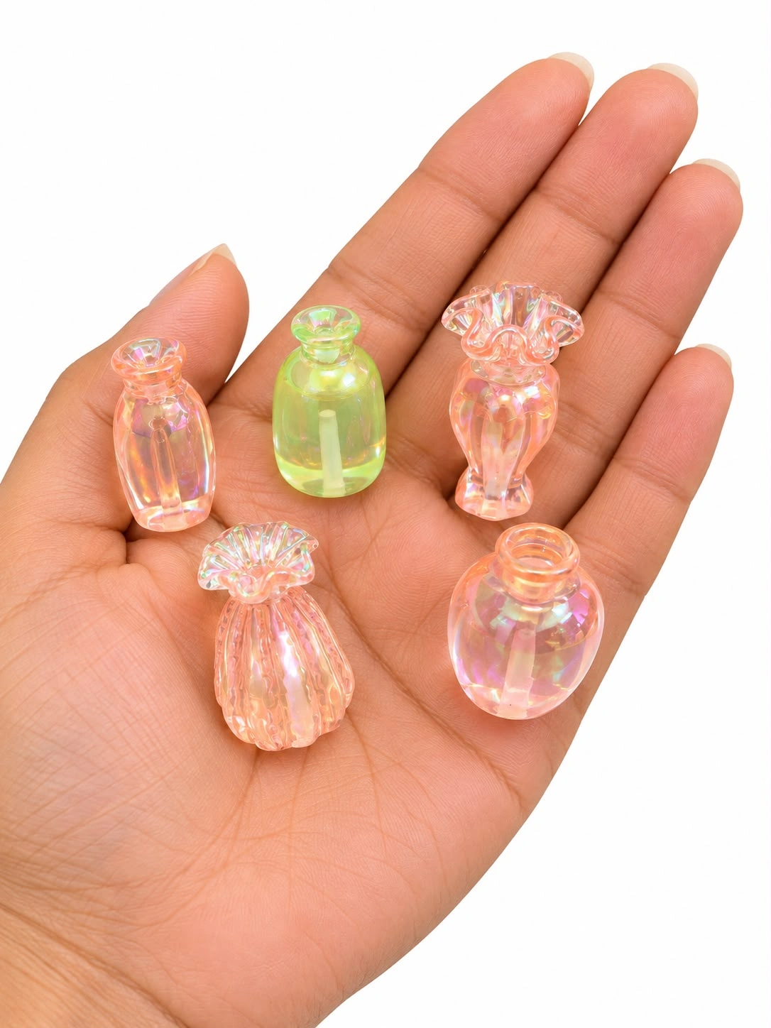 Miniature-Iridescent-Glass-Vase-Set-of-5 Miniature iridescent glass vase, randomly selected, perfect for enhancing any dollhouse or miniature scene product.