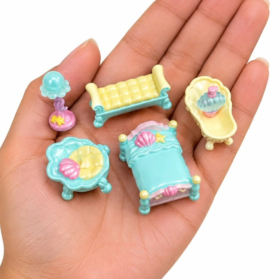 Miniature-Seashell-Dollhouse-Furniture-Set-of-5 Miniature seashell mermaid dollhouse furniture product, beautifully crafted for an enchanting aquatic theme.