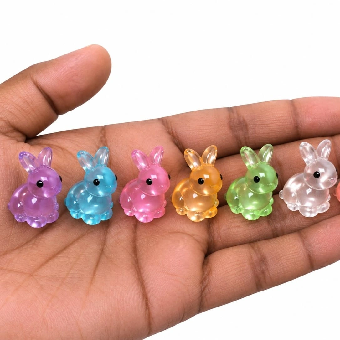Miniature-Translucent-Bunny-Figurine-Set-of-6 Charming miniature translucent bunny figurine in a random color, a collectible product for dollhouses or dioramas.