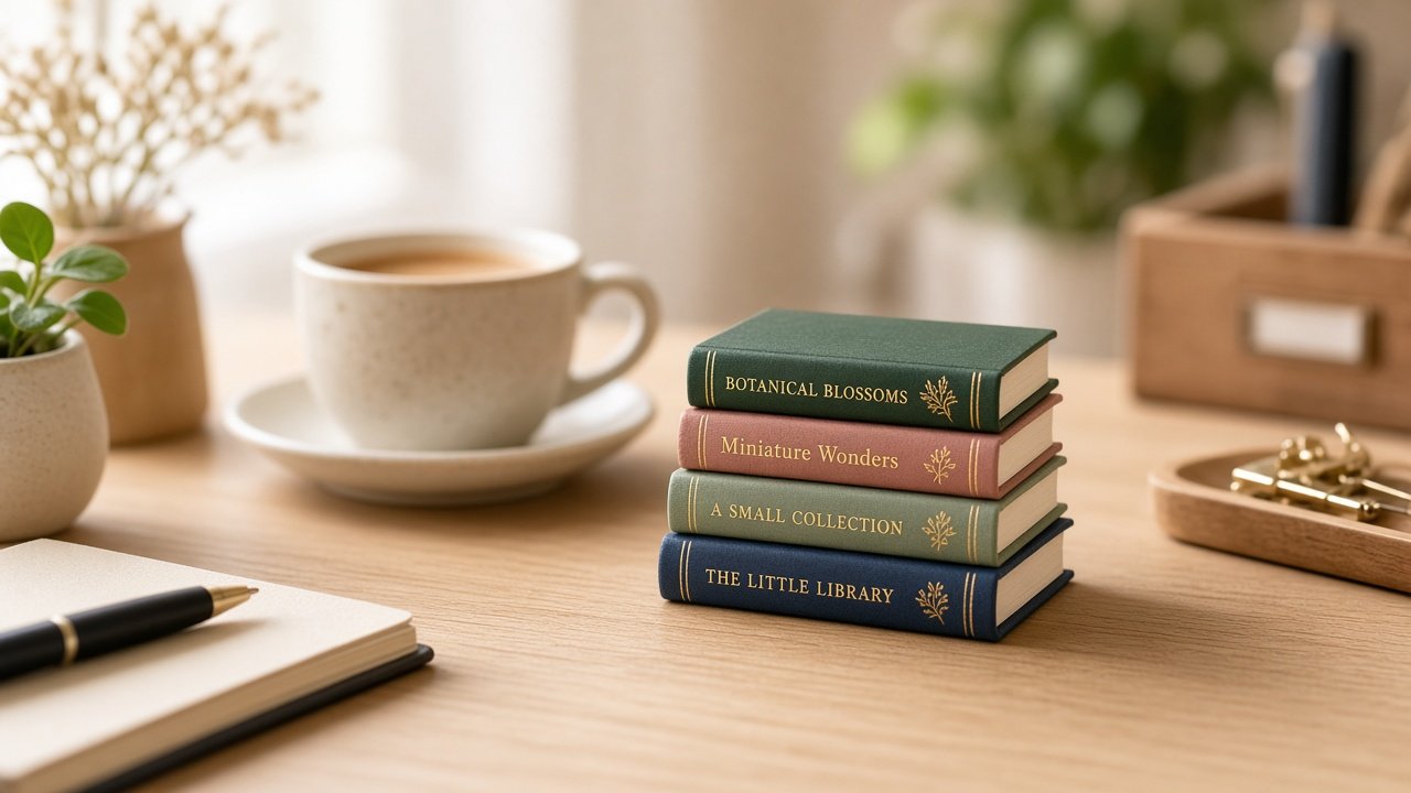 miniature books in a desk vignette