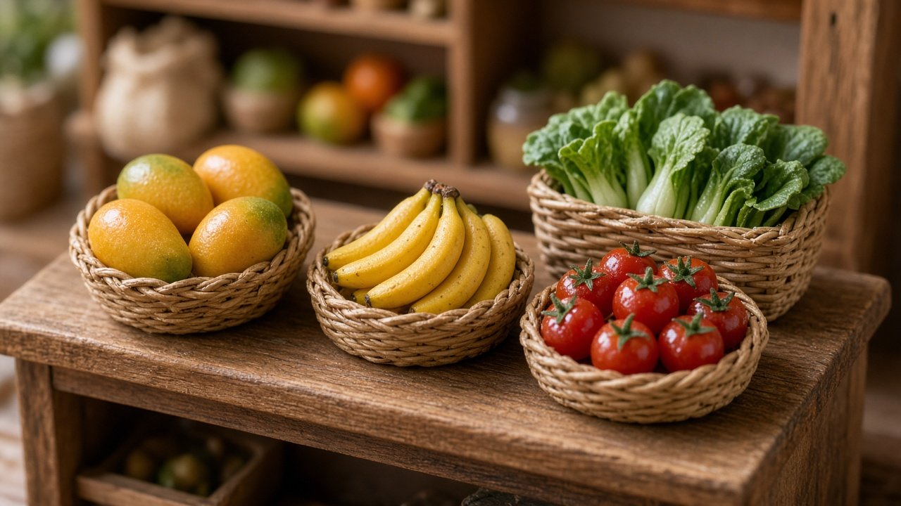miniature fruits and vegetables in a dollhouse kitchen